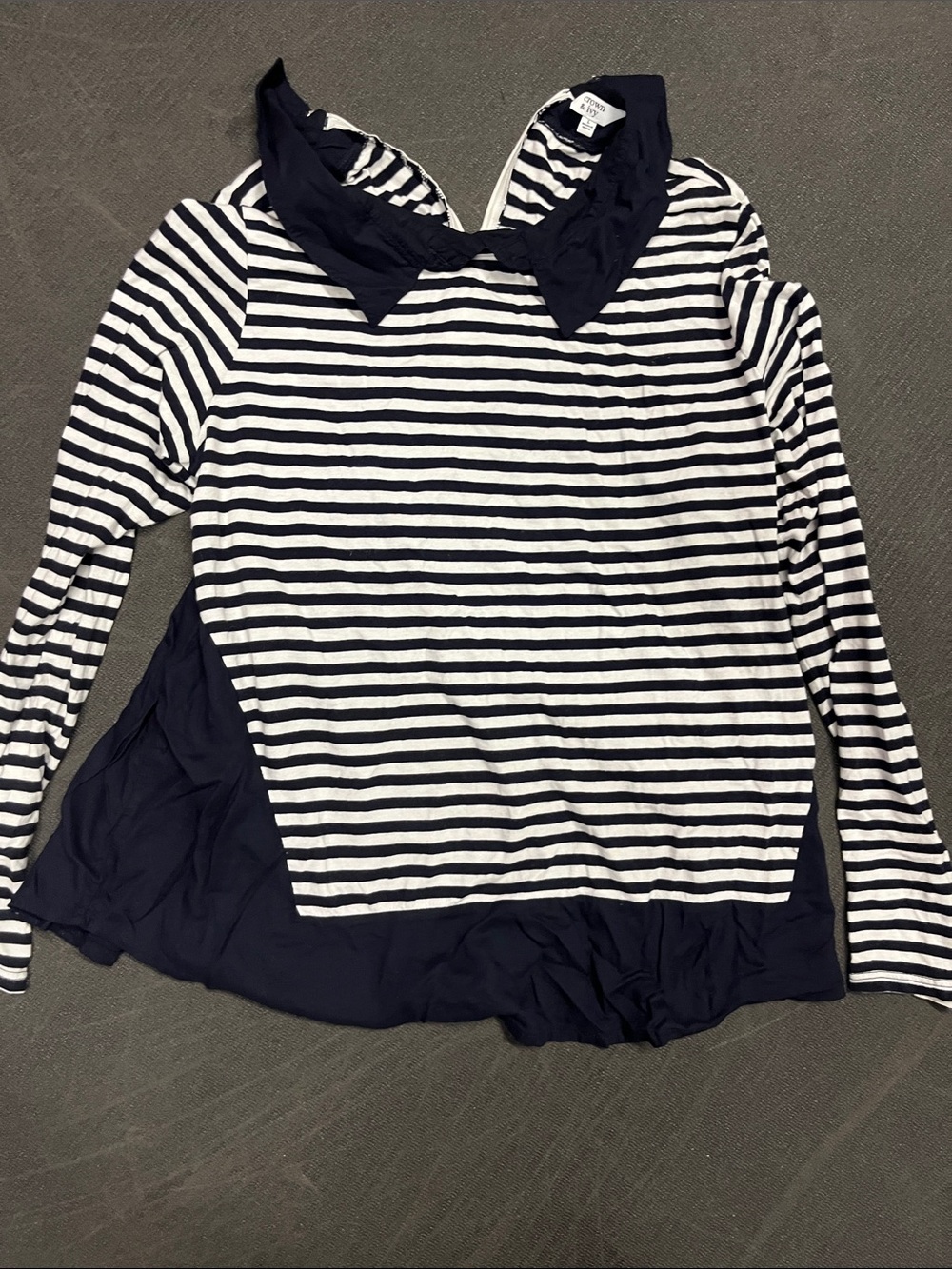 crown & ivy Navy and White Striped Long-Sleeve Top with Navy Collar
